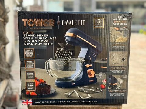 Tower Cavaletto 1000W Stand Mixer with 5L Glass Bowl - Midnight Blue